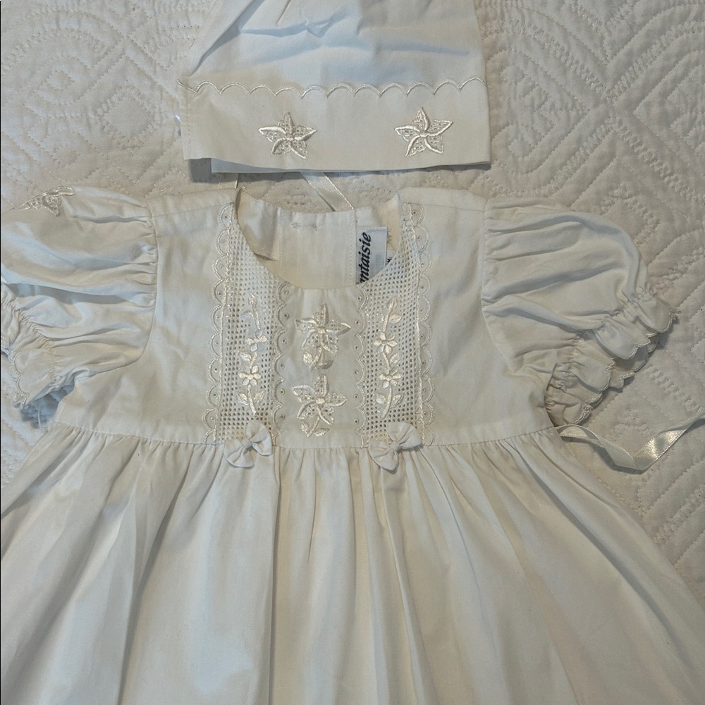 Beige Baby christening Dress with Bonnet
